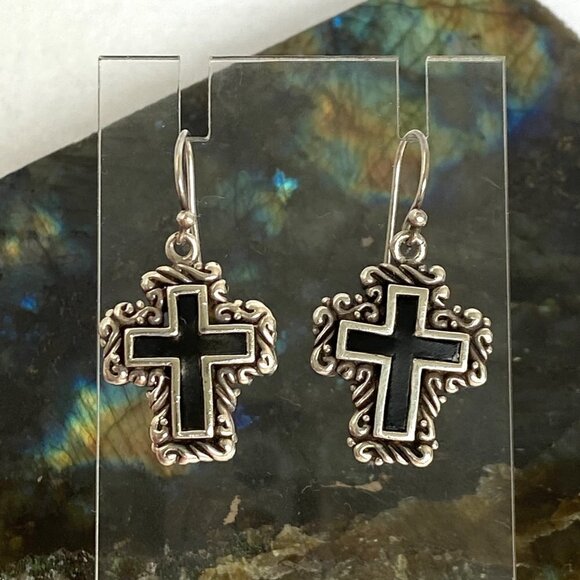 Sterling Silver 925 1.41" Black Enamel Scrollwork Cross Dangle Earrings 11g - Picture 2 of 16